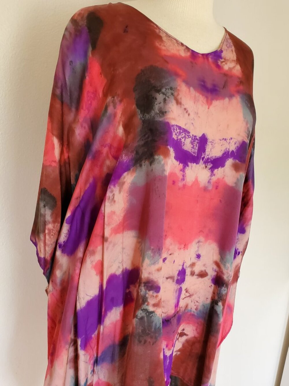 NEW silk caftan kaftan top mini dress dyed red burgundy pink purple blue S M L - Picture 4 of 5